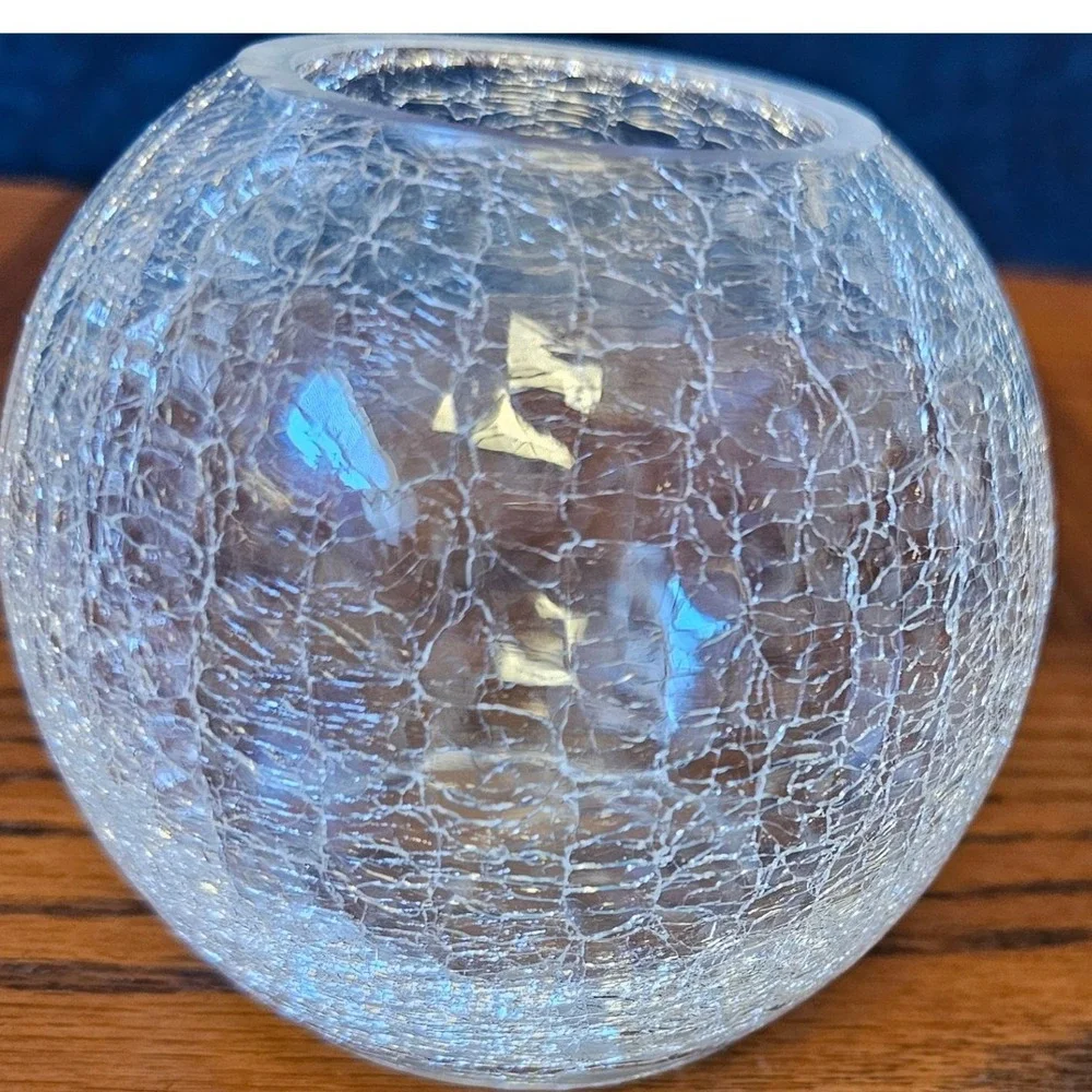 Clear Crackle Glass Globe Vase Votive Candle Holder Round 3.5 Inch Small Decor